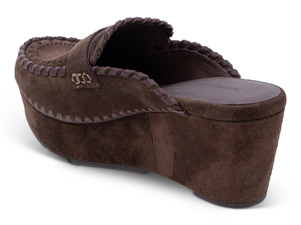 A chocolate suede wedge mule with decorative hand-stitched detailing and perforation - inner side view