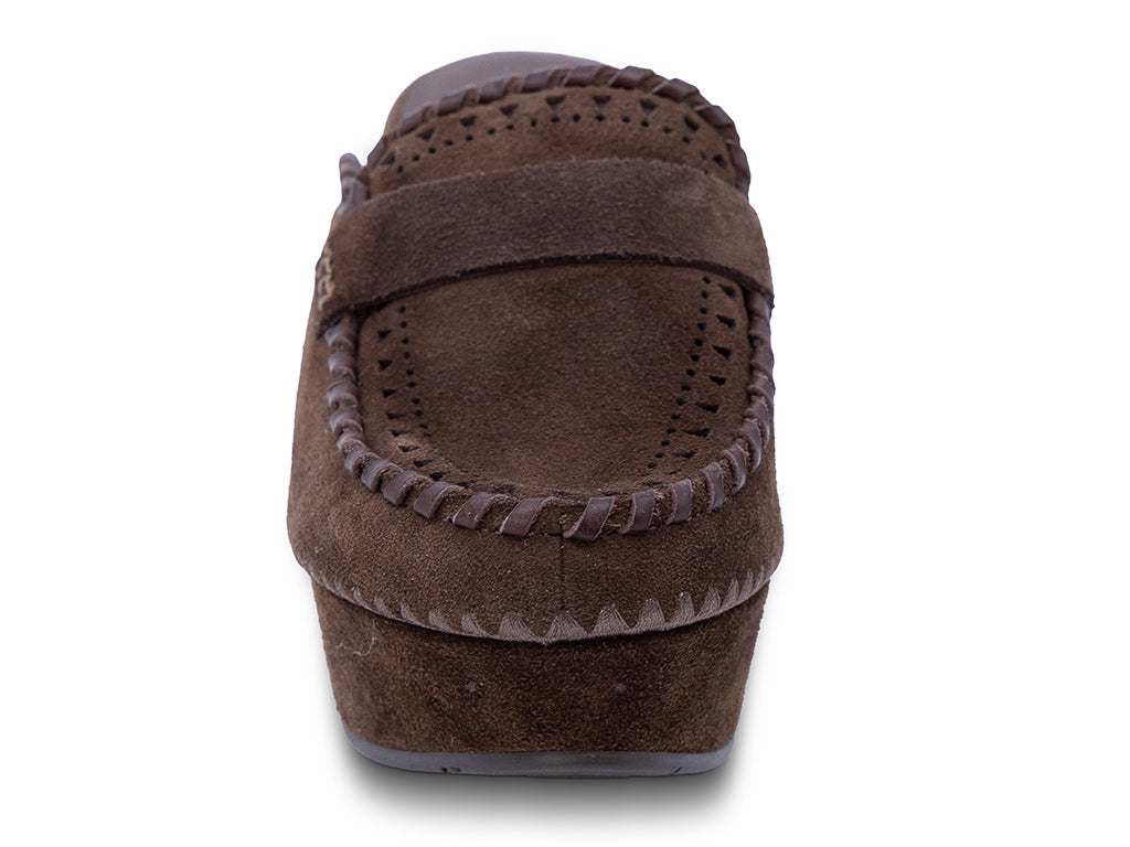 A chocolate suede wedge mule with decorative hand-stitched detailing and perforation - front view of the toe shape and the upper