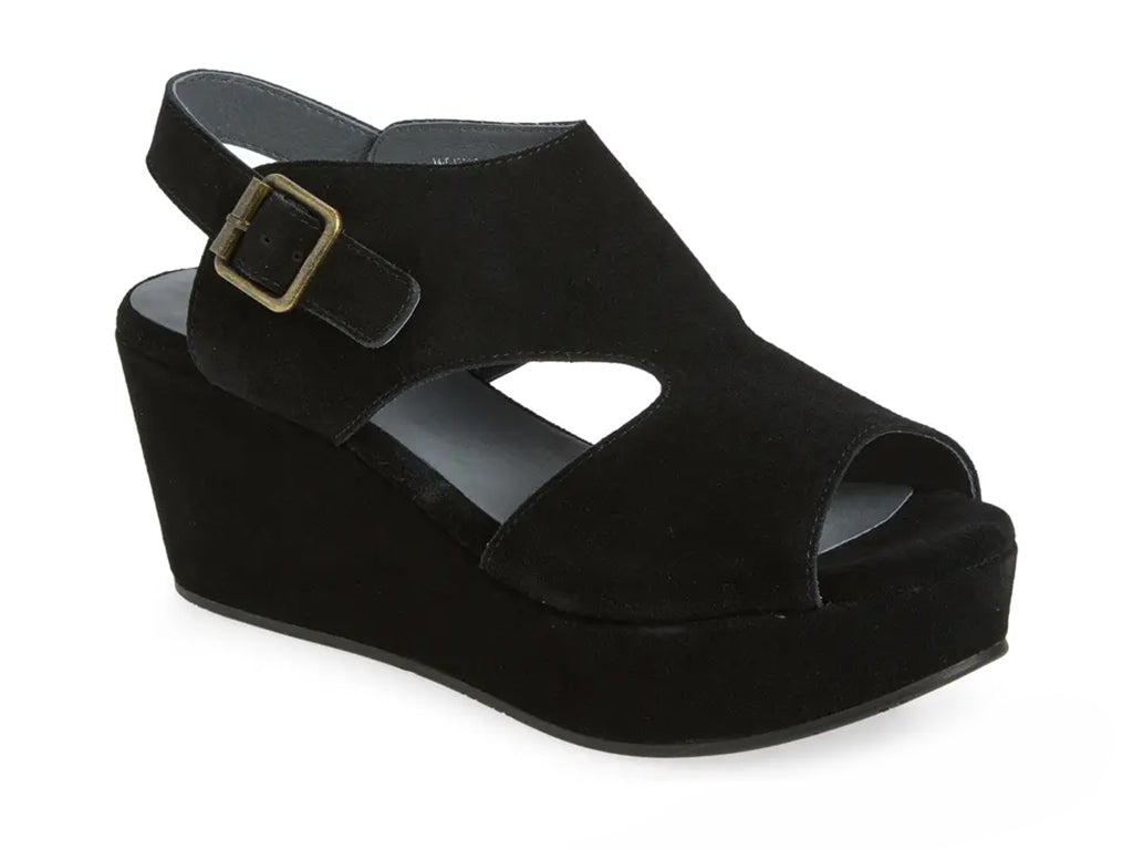 black suede upper wedge sandal with cut outs and ankle strap - 3/4 front view
