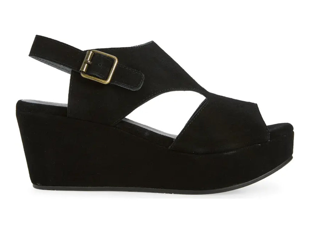 black suede upper wedge sandal with cut outs and ankle strap - side view