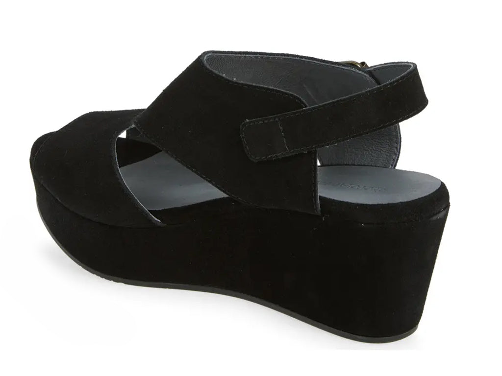 black suede upper wedge sandal with cut outs and ankle strap - inner side view