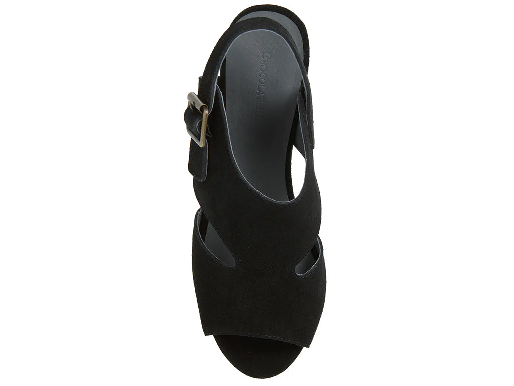 black suede upper wedge sandal with cut outs and ankle strap - top view