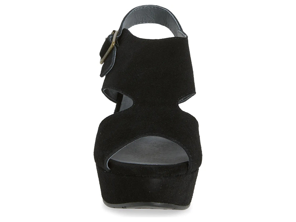 black suede upper wedge sandal with cut outs and ankle strap - front view