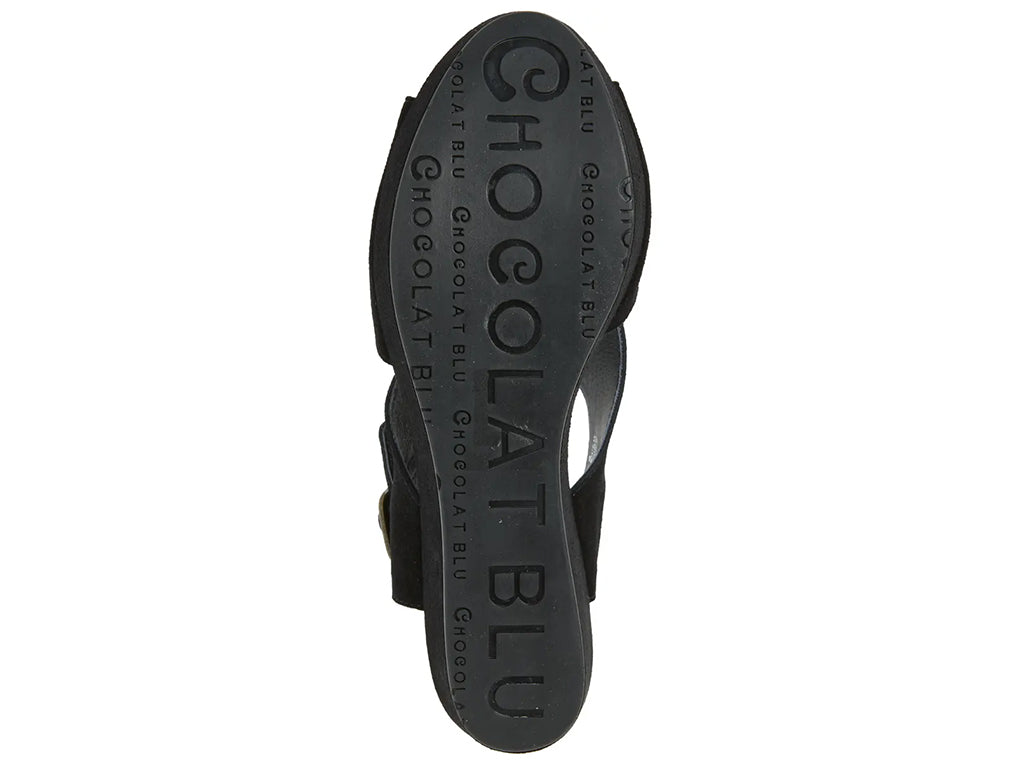 black suede upper wedge sandal with cut outs and ankle strap - outsole view
