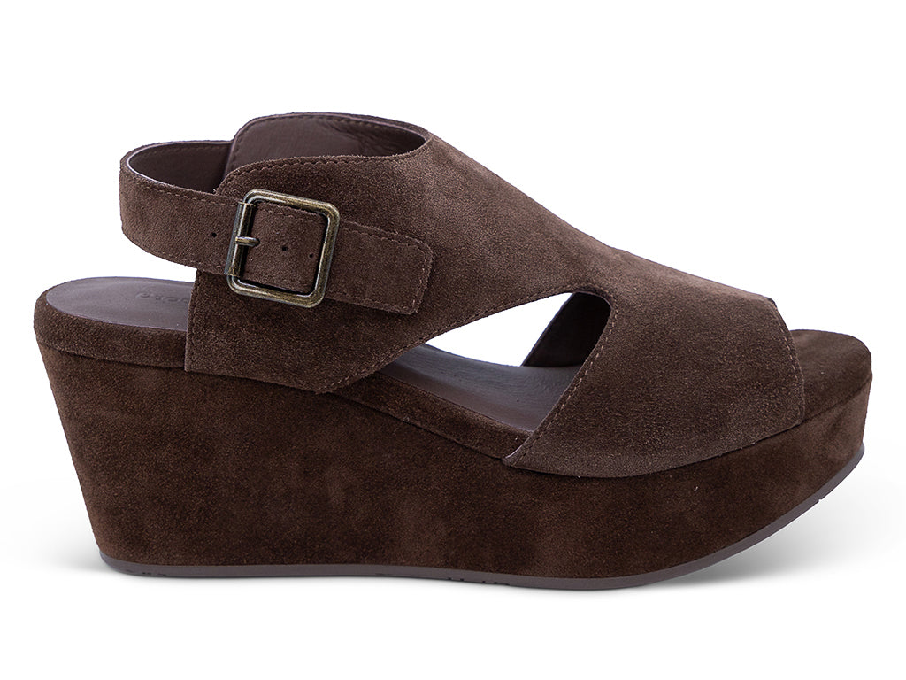 a chocolate suede upper wedge sandal with cut outs and ankle strap - lateral side view