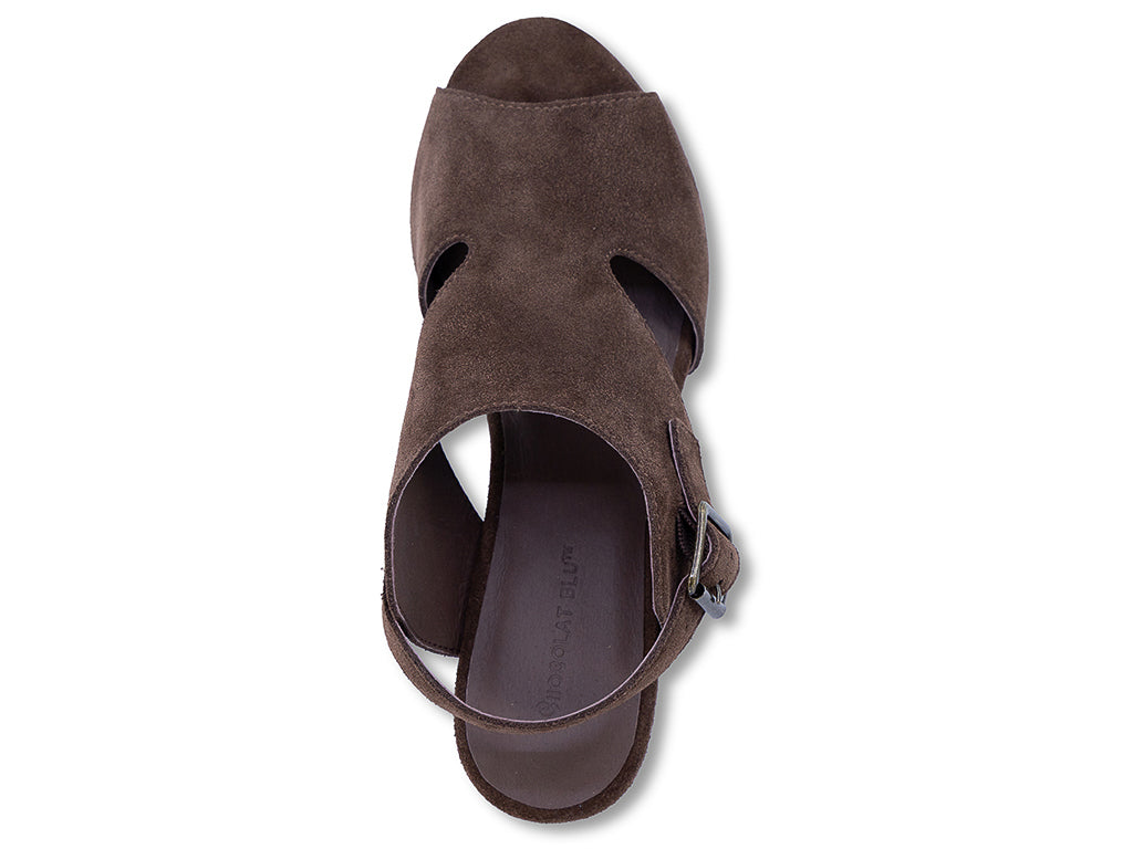 a chocolate suede upper wedge sandal with cut outs and ankle strap - top view