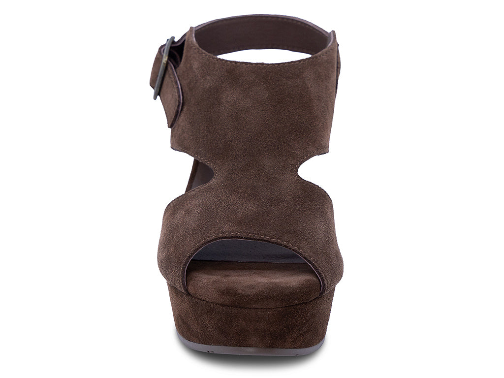 a chocolate suede upper wedge sandal with cut outs and ankle strap - front view