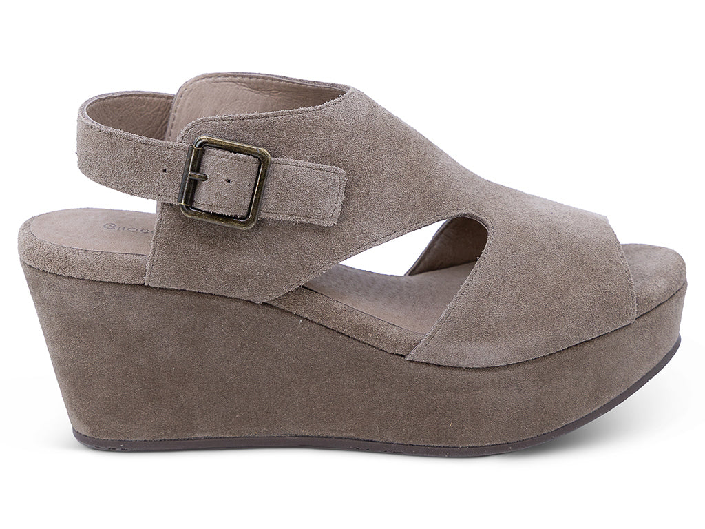 a taupe suede upper wedge sandal with cut outs and ankle strap - lateral side view
