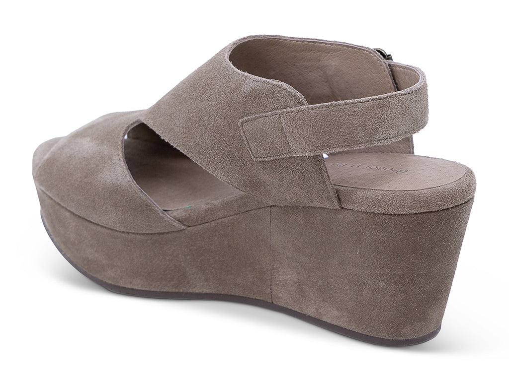 a taupe suede upper wedge sandal with cut outs and ankle strap - medial view