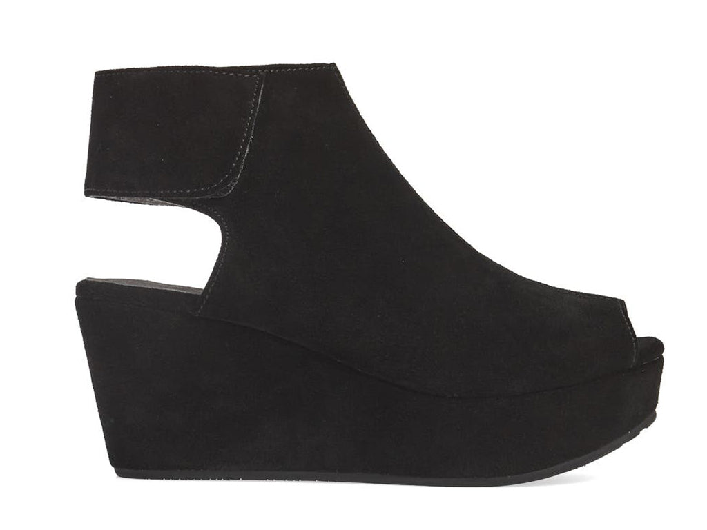 Black suede slide in peep toe wedge platform shoe with ankle velcro strap  on a white background side view