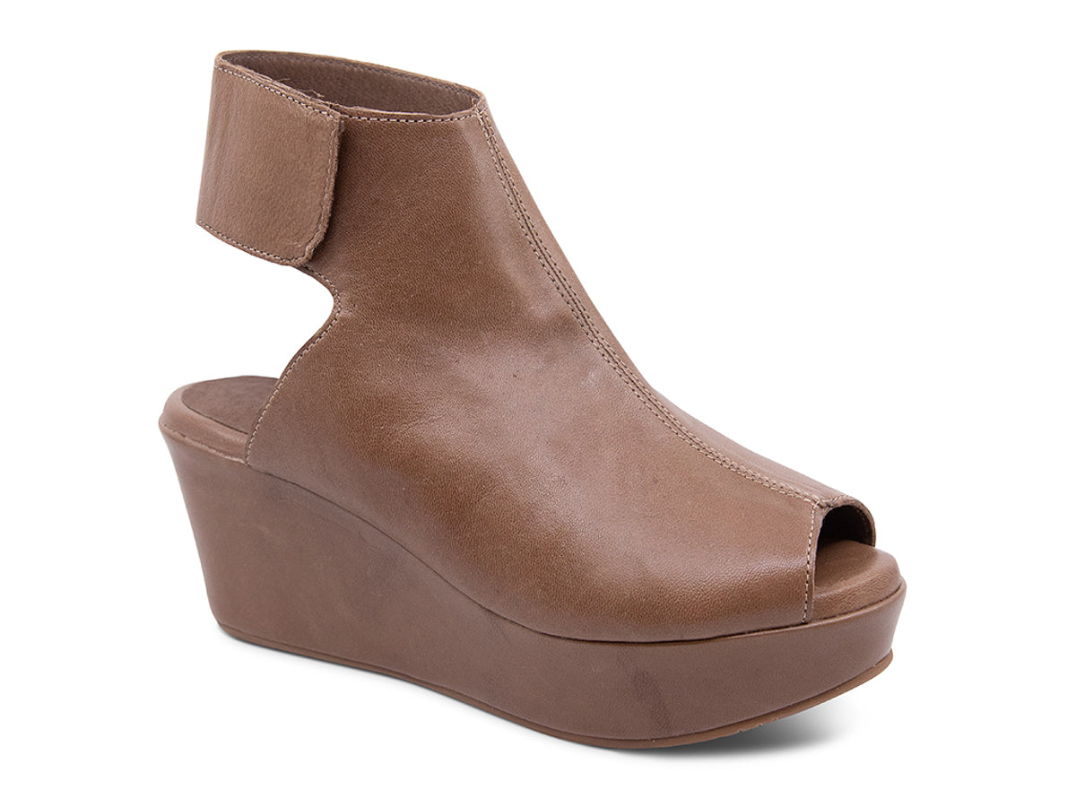 Brown leather slide in peep toe wedge platform shoe with ankle velcro strap  on a white background side angle view
