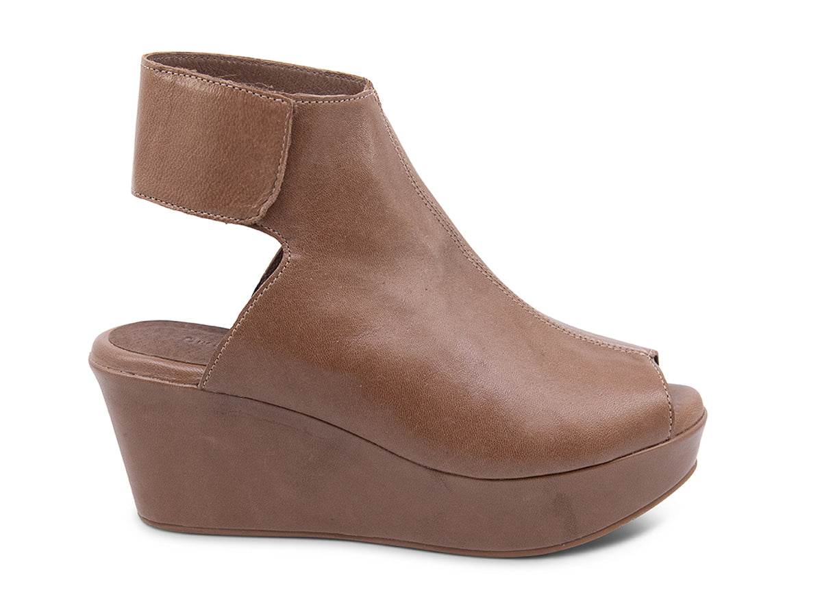 Brown leather slide in peep toe wedge platform shoe with ankle velcro strap  on a white background side view