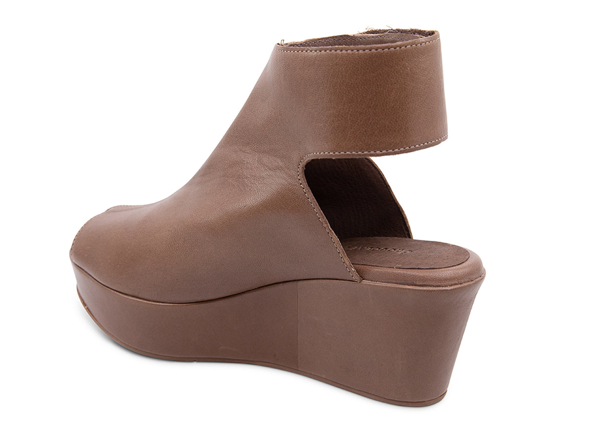 Brown leather slide in peep toe wedge platform shoe with ankle velcro strap  on a white background side angle view