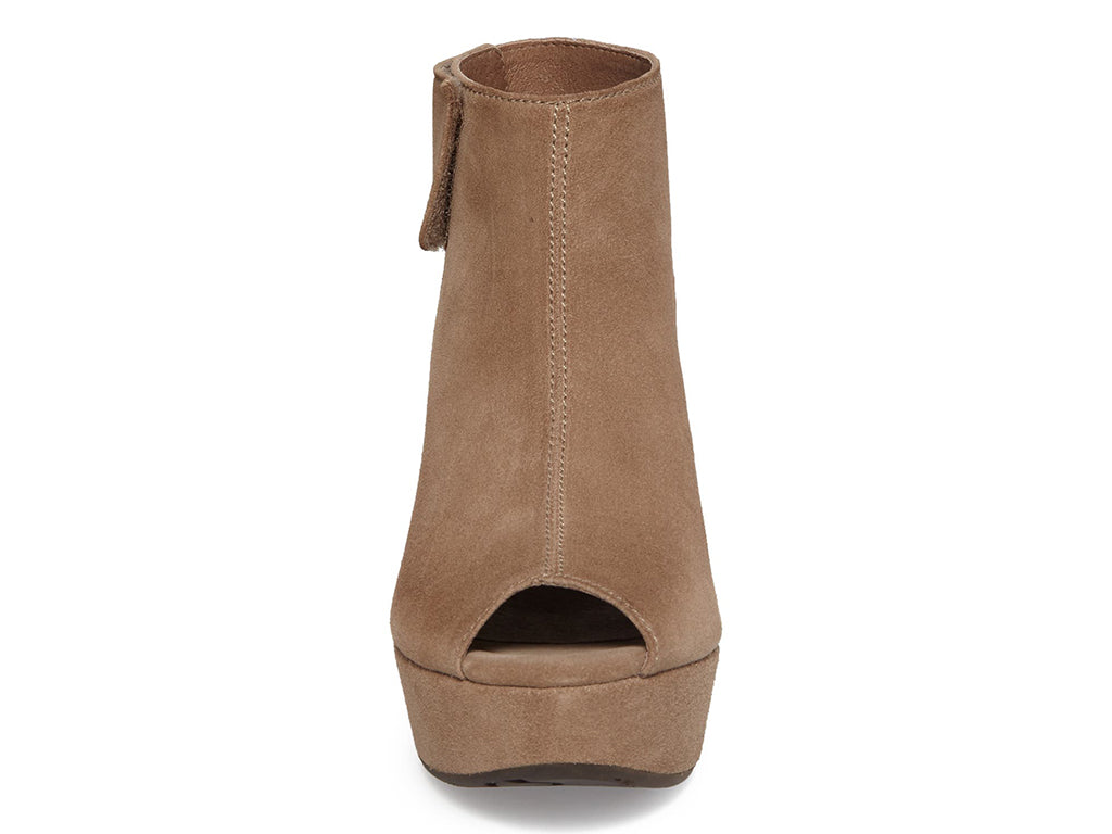 Taupe suede slide in peep toe wedge platform shoe with ankle velcro strap  on a white background front view
