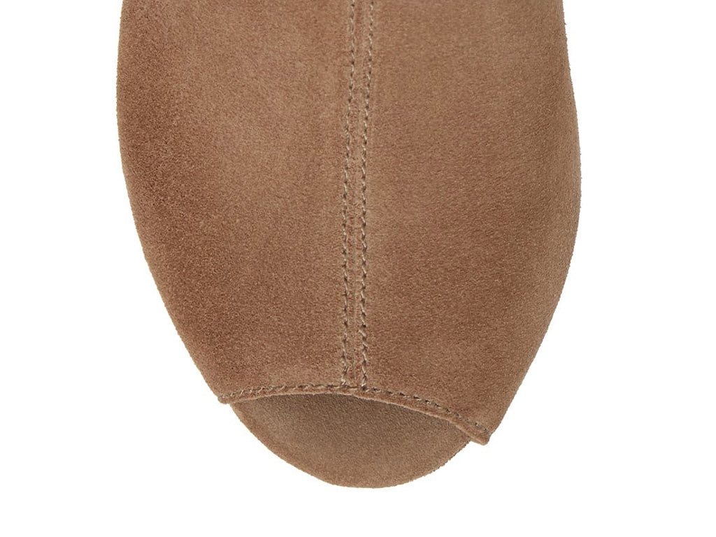 Taupe suede slide in peep toe wedge platform shoe with ankle velcro strap  on a white background tope toe view