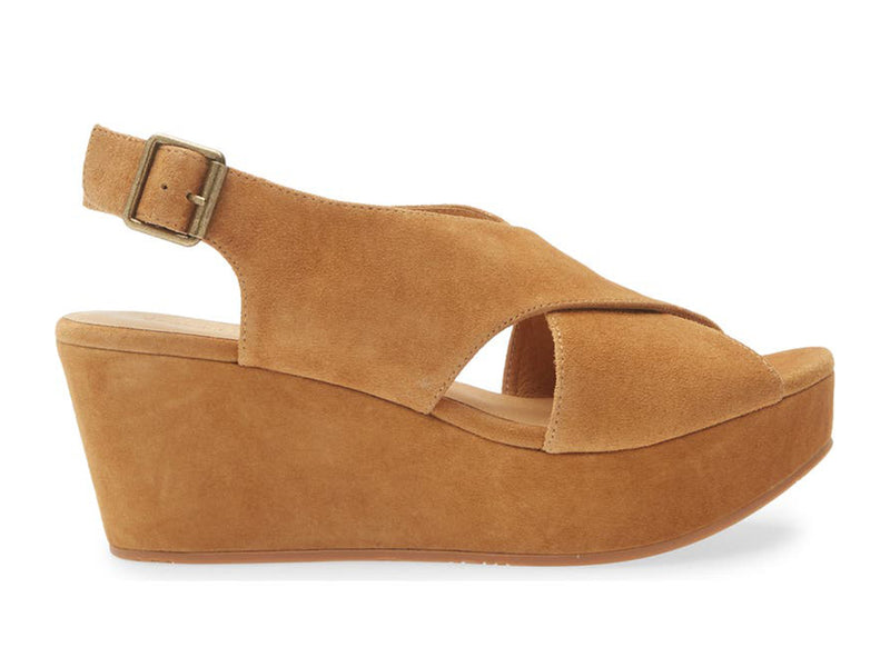 camel wedge sandal with a platform sole on a white background-side view