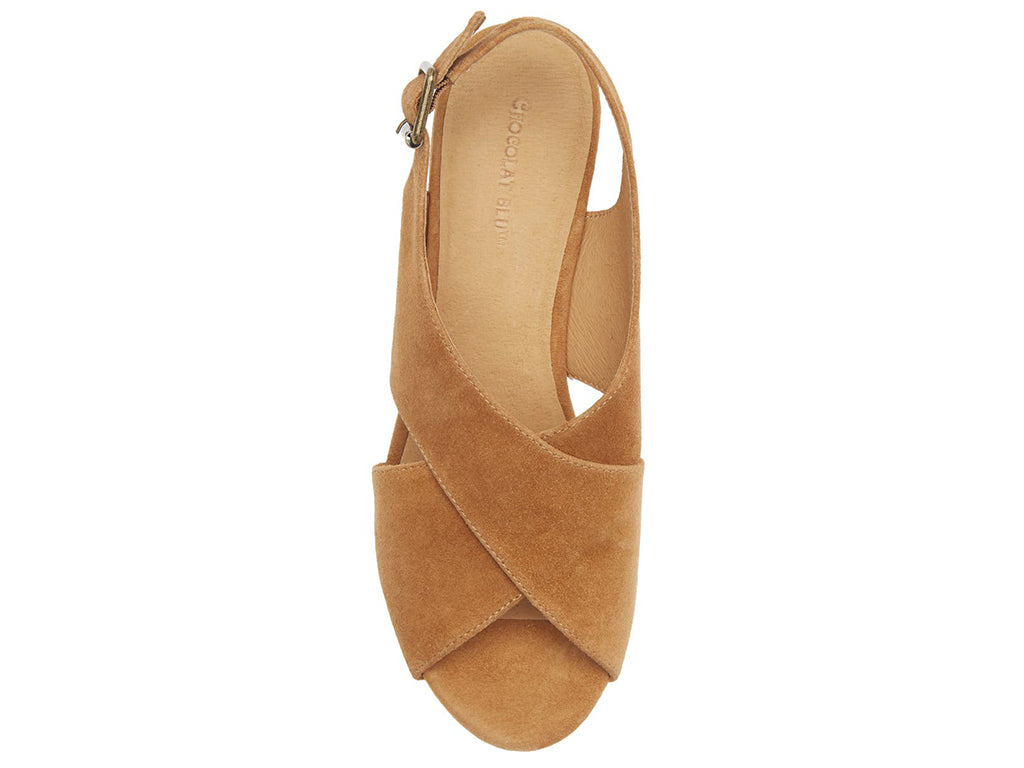 camel sandal with criss-cross design on a white background-view from the top