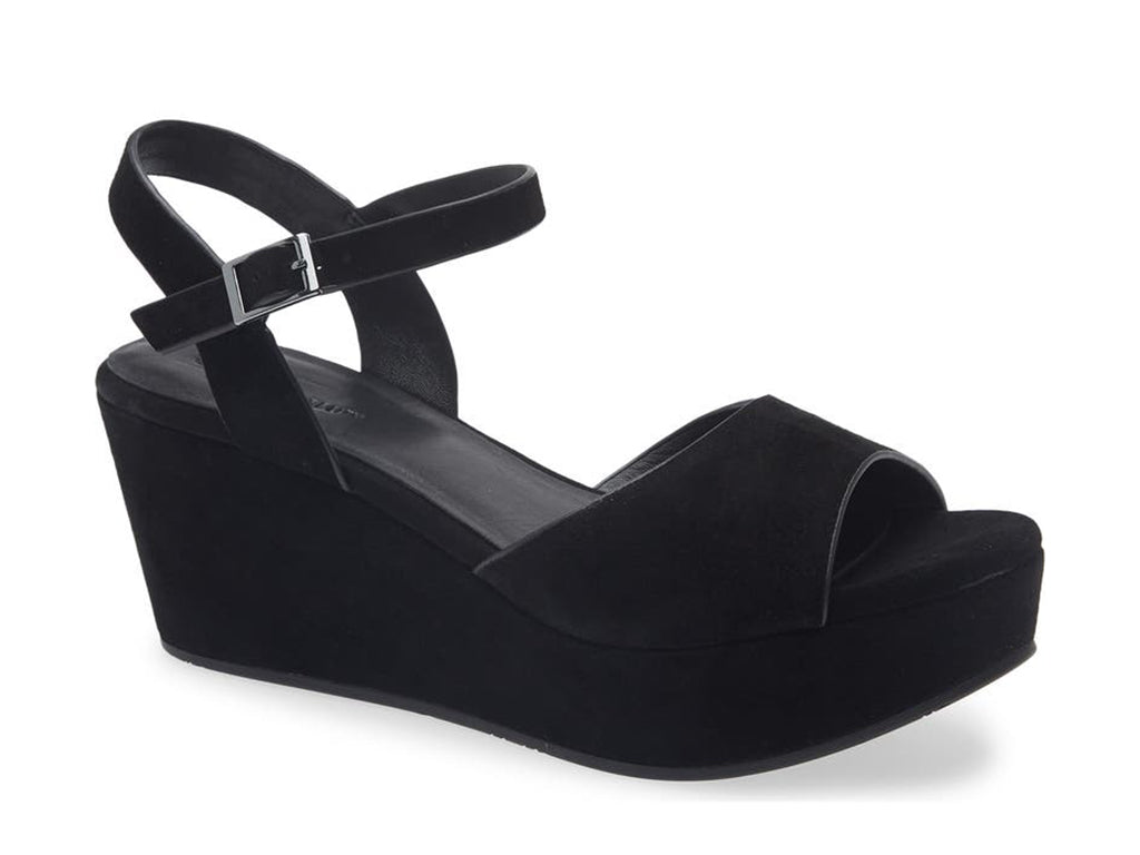 black suede platform sandal with ankle strap