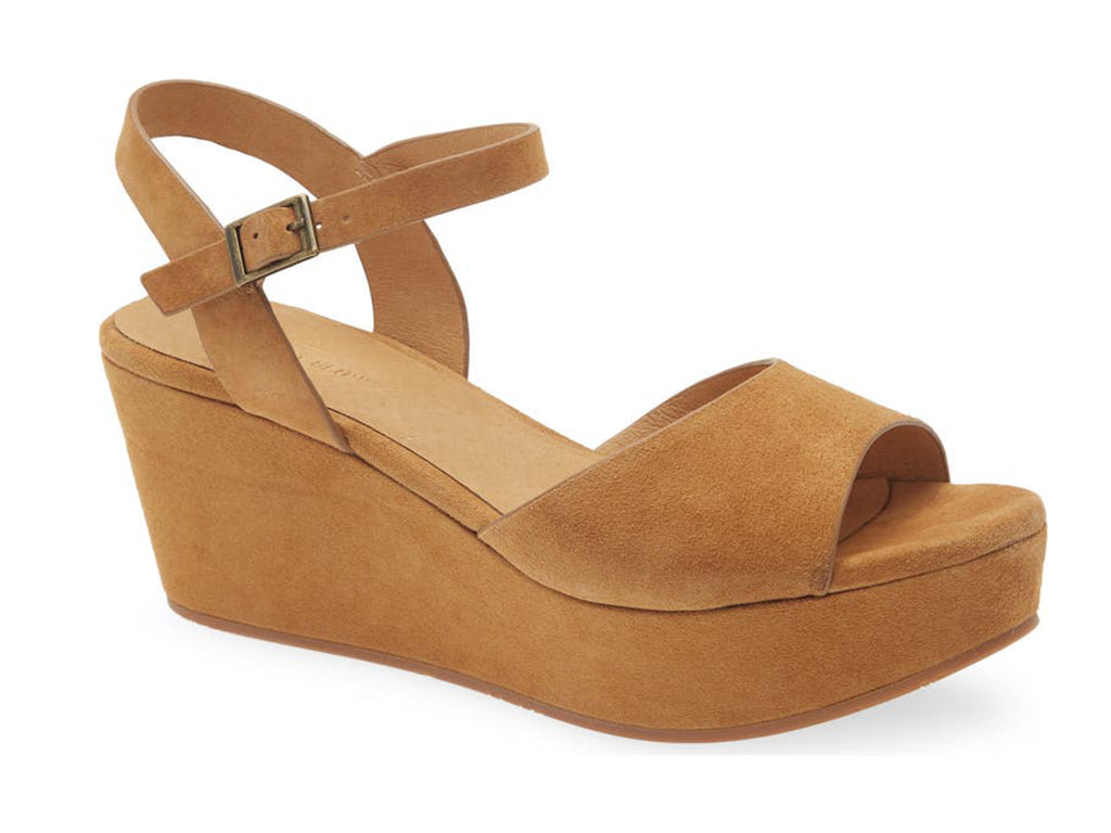 camel suede platform sandal with ankle strap