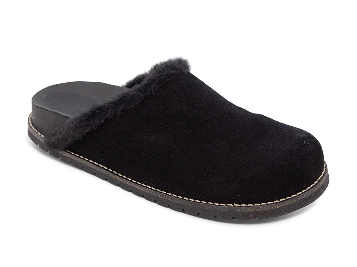 Black slipper with black fur lining on a white background side angle view
