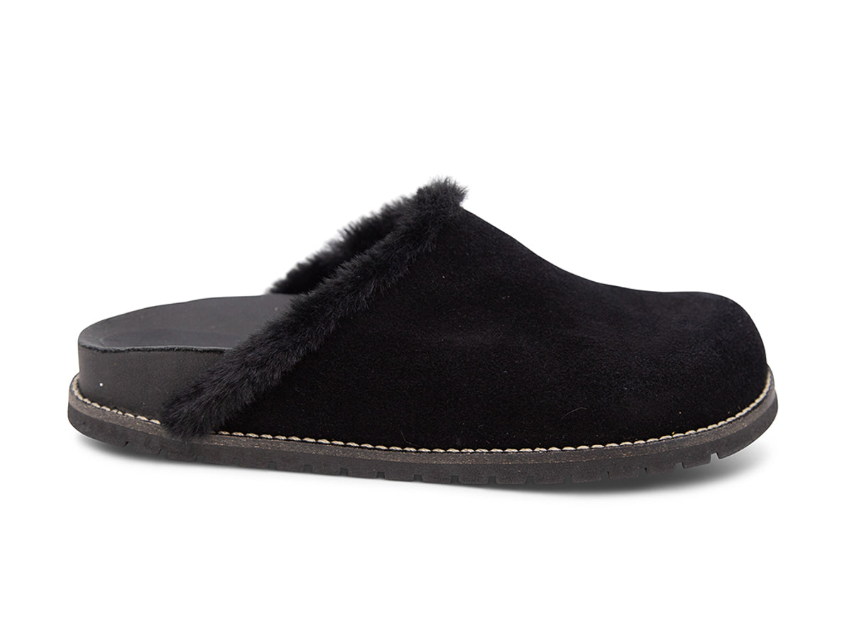 Black slipper with black fur lining on a white background side view