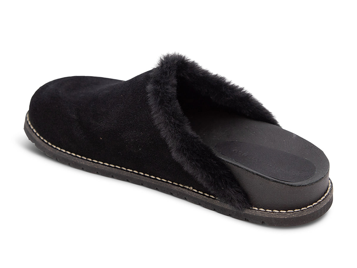 Black slipper with black fur lining on a white background side angle view