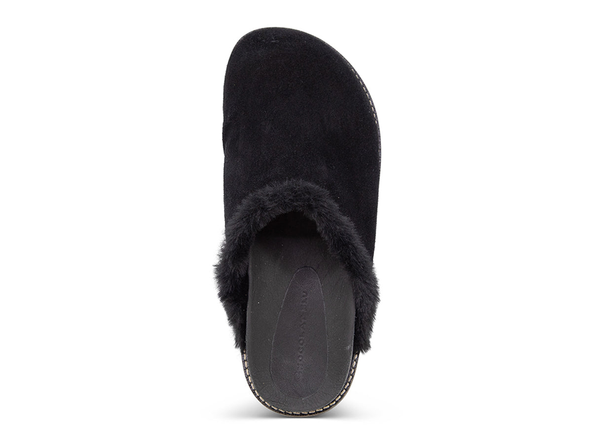 Black slipper with black fur lining on a white background top view