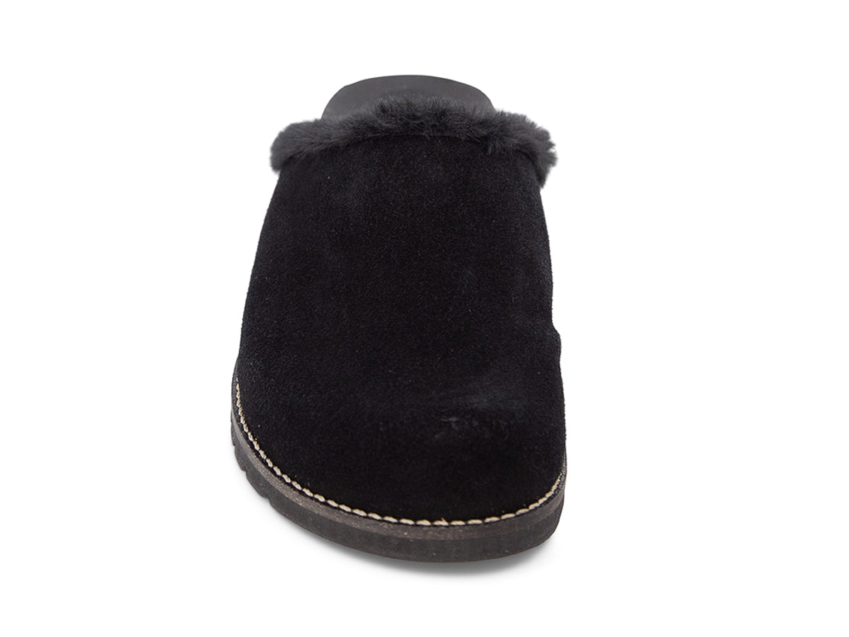 Black slipper with black fur lining on a white background front view