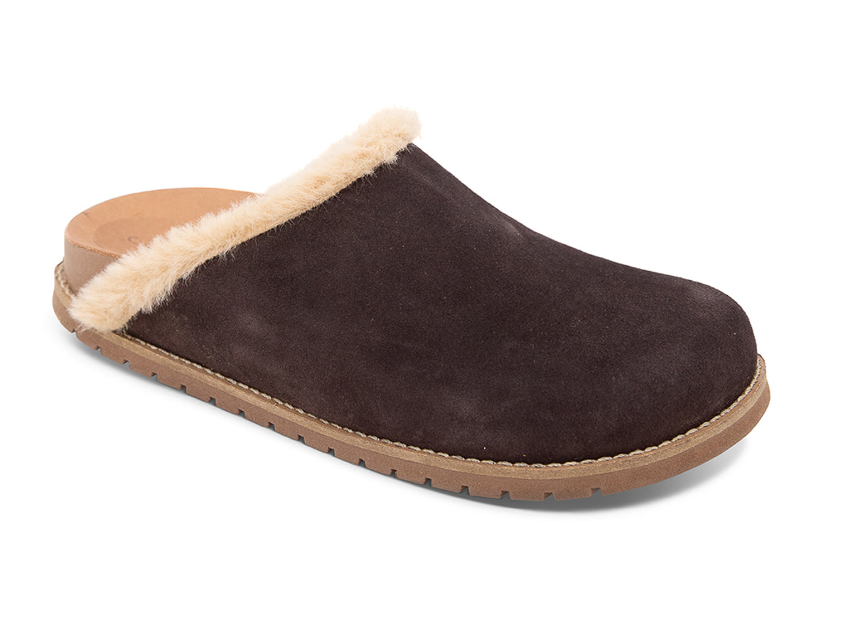 Brown slipper with beige fur lining on a white background side angle view