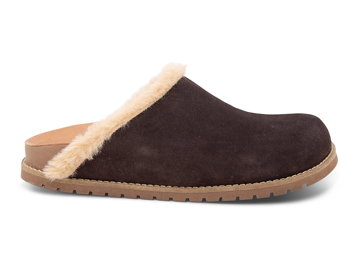 Brown slipper with beige fur lining on a white background side view
