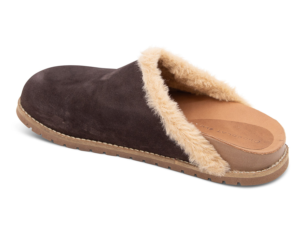 Brown slipper with beige fur lining on a white background side angle view