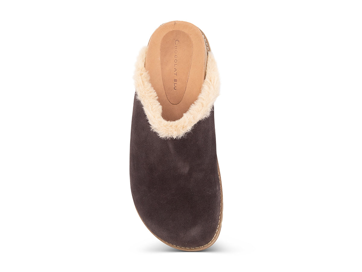 Brown slipper with beige fur lining on a white background top view