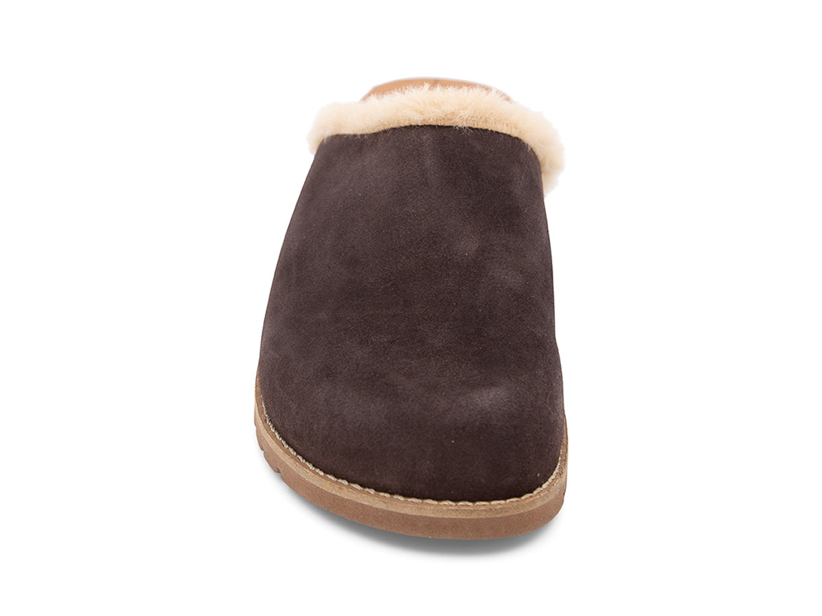 Brown slipper with beige fur lining on a white background front view