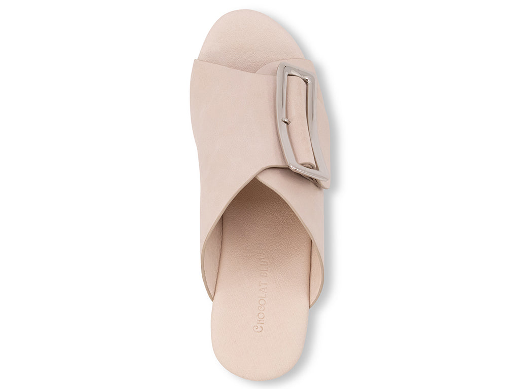 off white colored wedge slide sandal with oversized gold buckle - top view