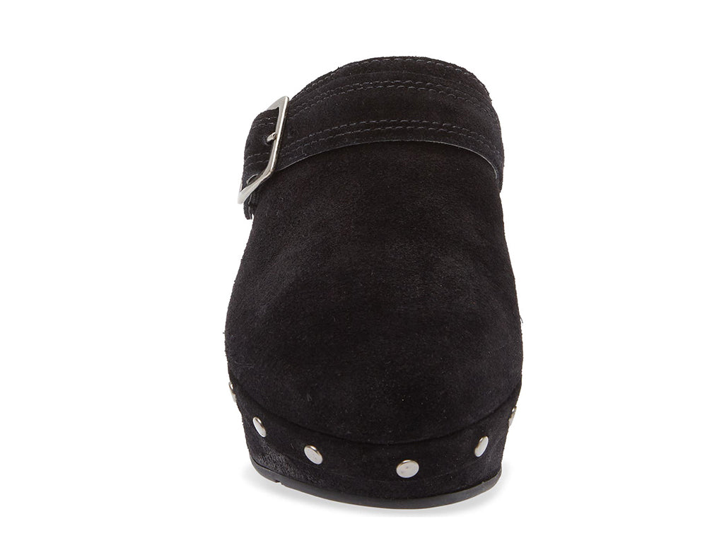 Black suede slide in clog wedge platform shoe with top strap and buckle decoration and grommet studs on a white background front view