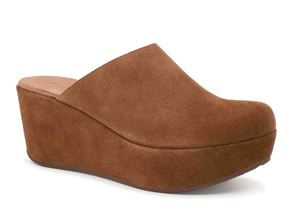 Brown suede slide in wedge platform shoe on a white background side angle view