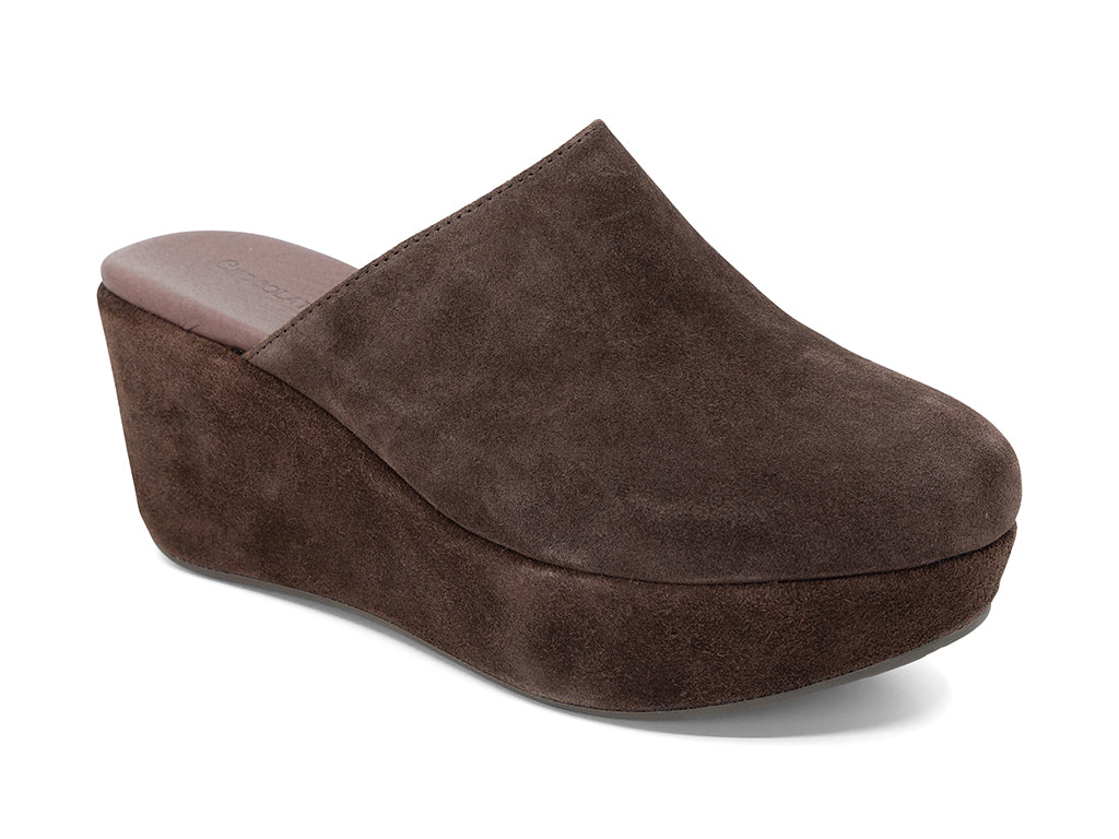 wedge chocolate suede mule - front 3/4 view