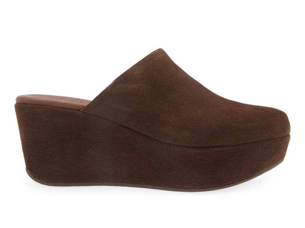 Chocolate suede slide in wedge platform shoe on a white background side view