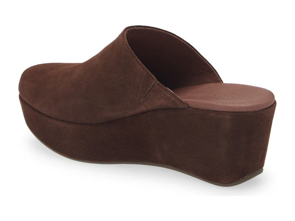 Chocolate suede slide in wedge platform shoe on a white background side angle view