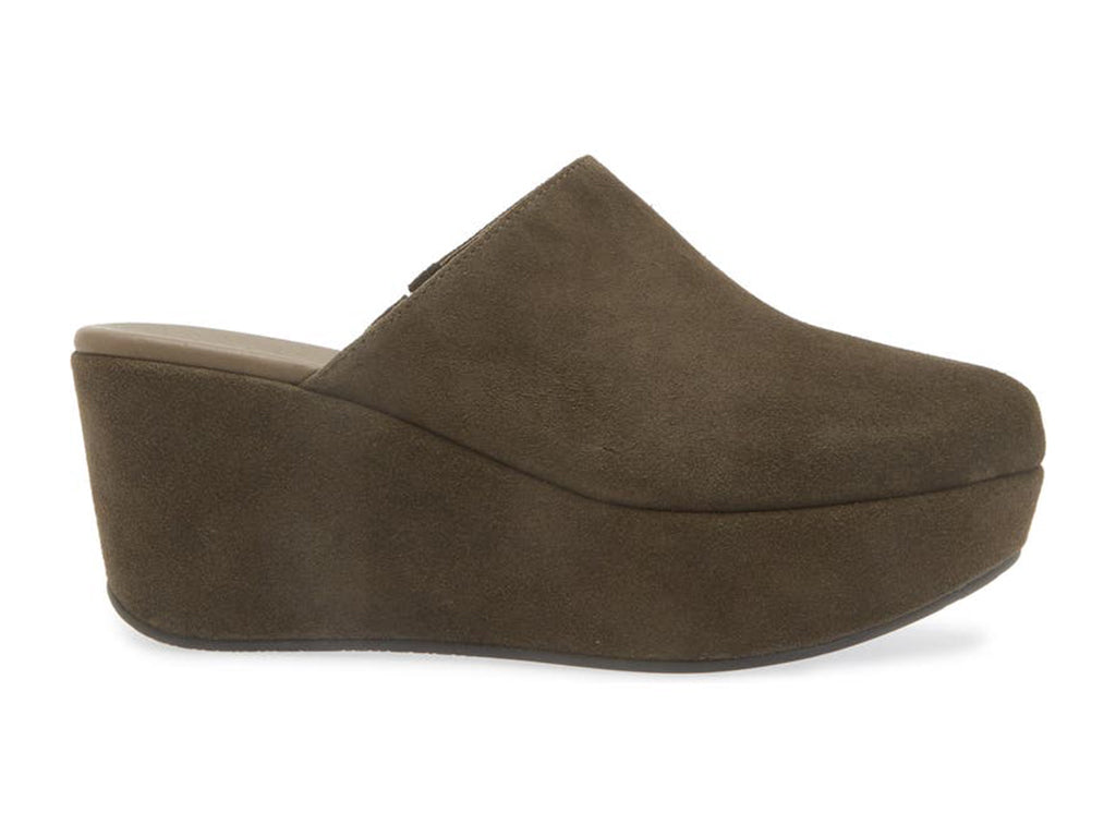 Olive suede slide in wedge platform shoe on a white background side  view