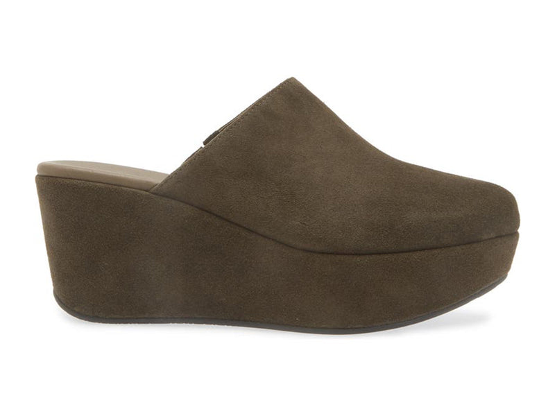 Olive suede slide in wedge platform shoe on a white background side  view