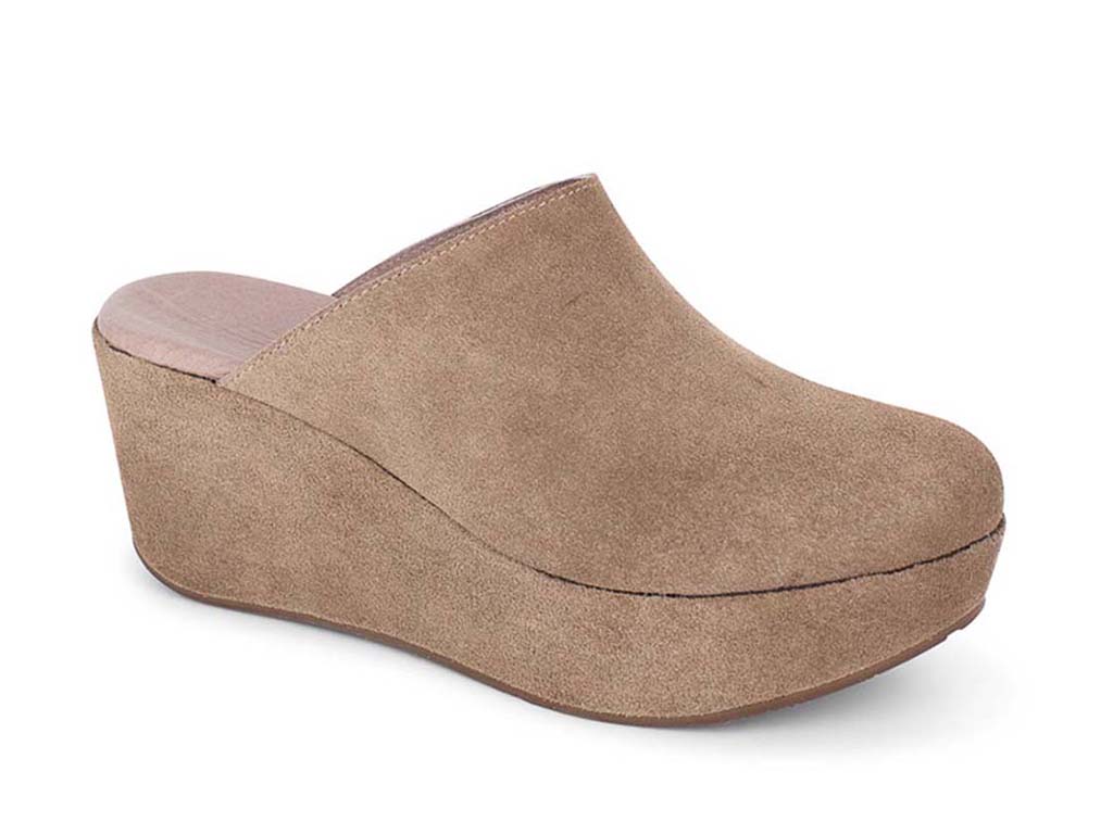 Taupe suede slide in wedge platform shoe on a white background side angle view