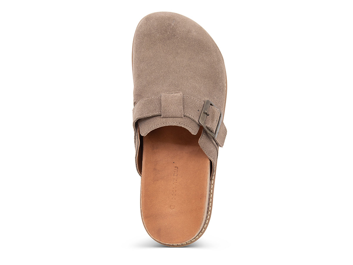 Brown slip-on shoe with a brown sole, strap and buckle on a white background top view