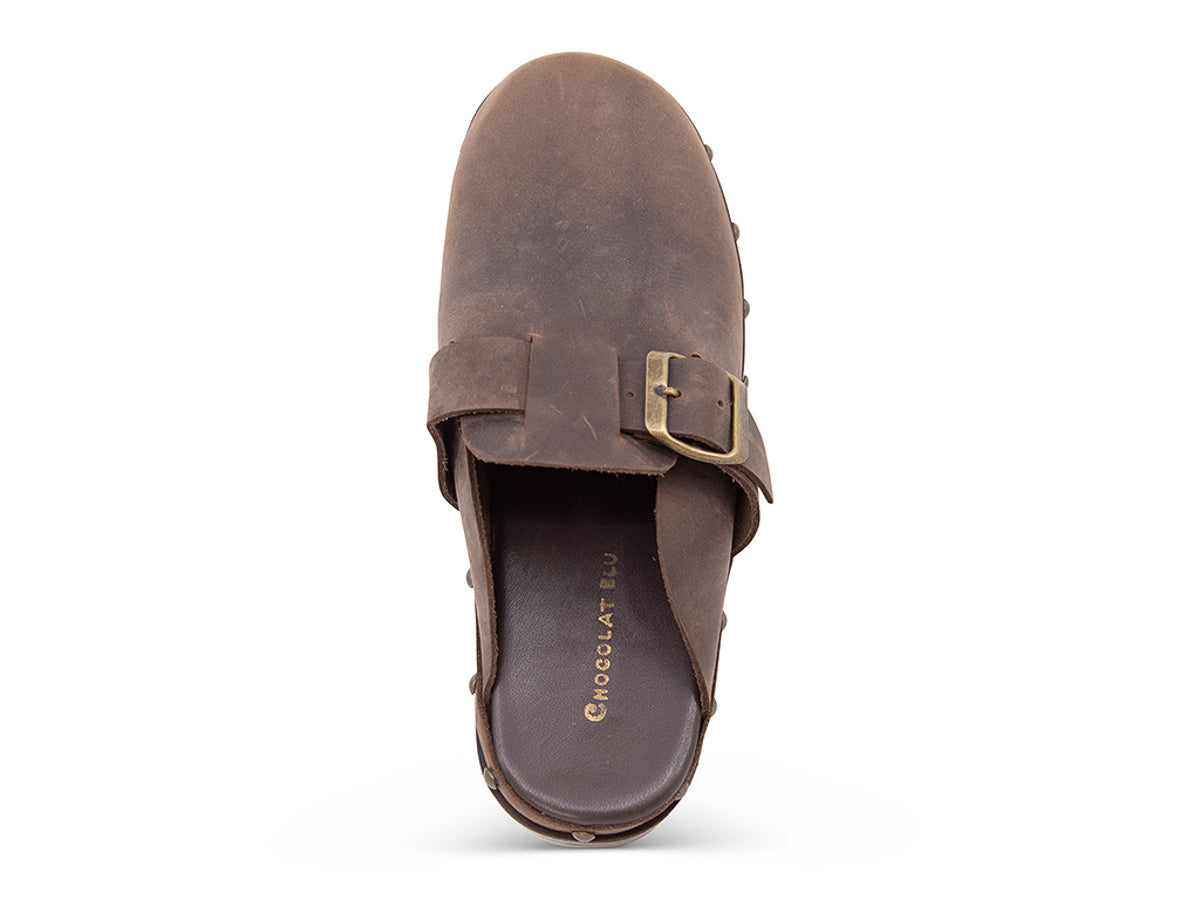 Brown leather clog shoe with a gold buckle and strap  on a white background side top view