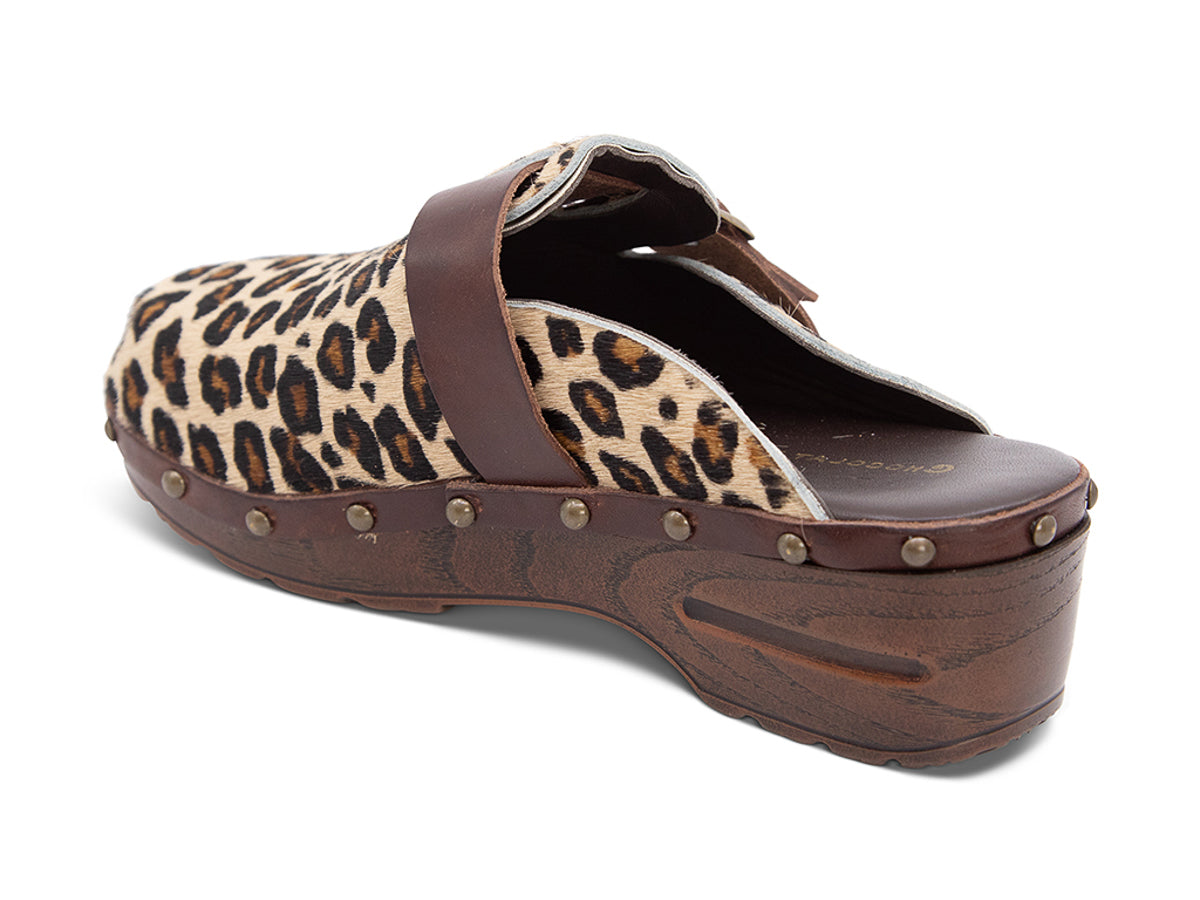 Leopard skin clog with brown and black cow print, brown strap and gold buckle on a white background side angle view