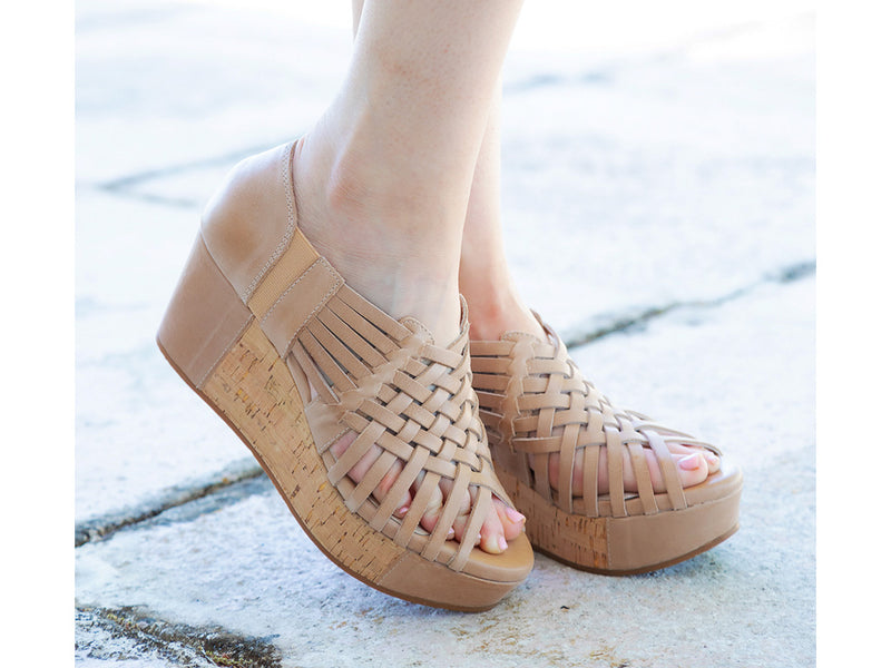 winix strappy wedge sandal on a model