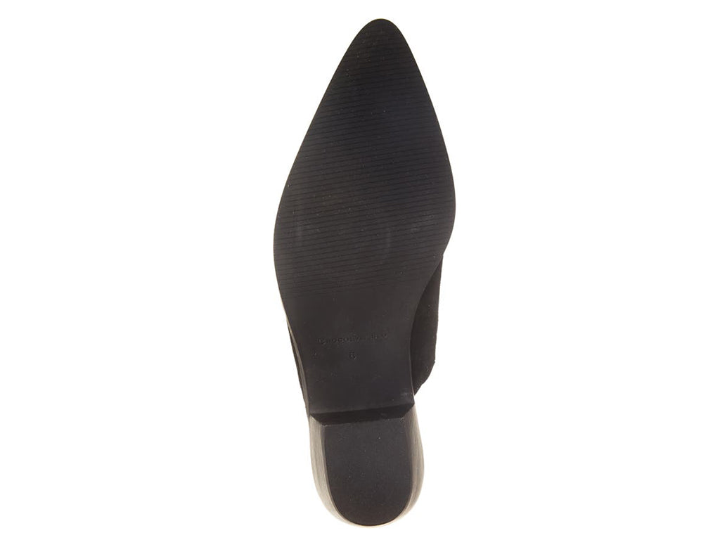 Black suede pointed toe slide in shoe with block heel on a white background bottom sole view