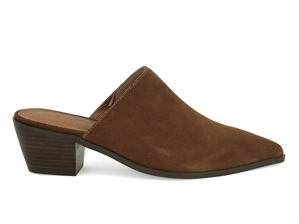 Brown suede pointed toe slide in shoe with block heel on a white background side view