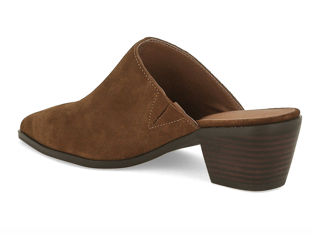 Brown suede pointed toe slide in shoe with block heel on a white background side angle view