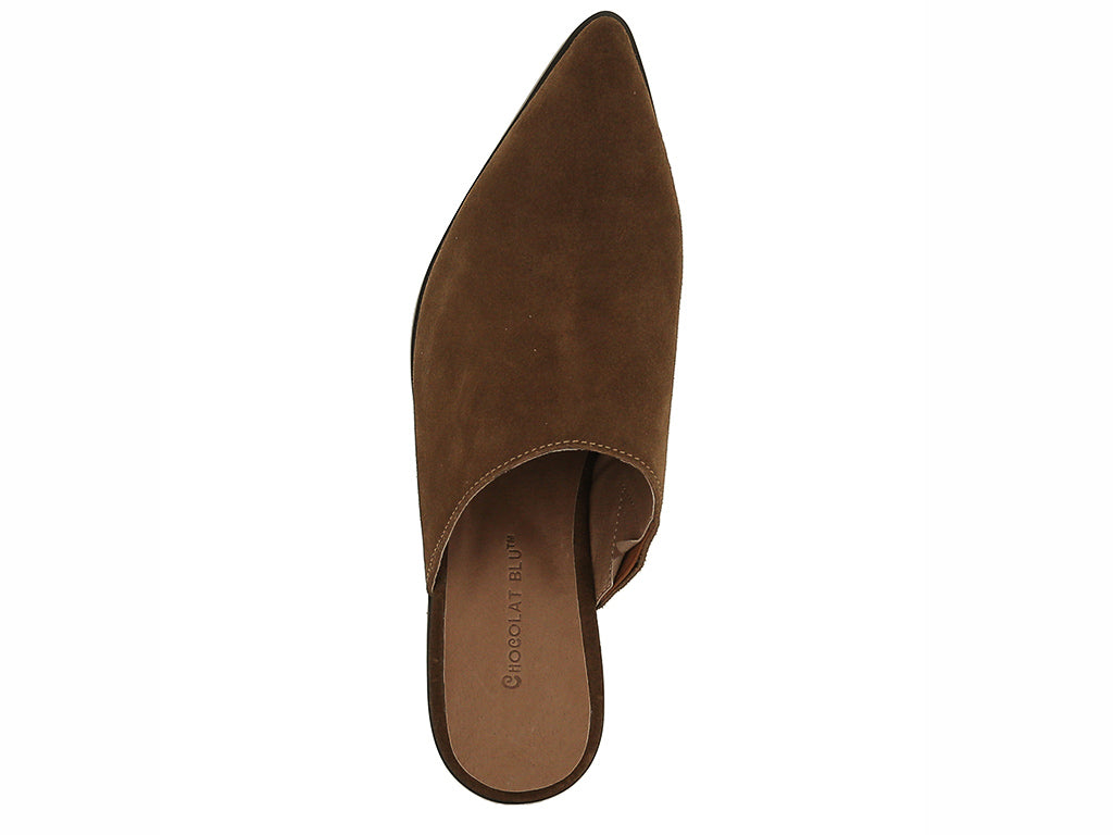 Brown suede pointed toe slide in shoe with block heel on a white background stop view 